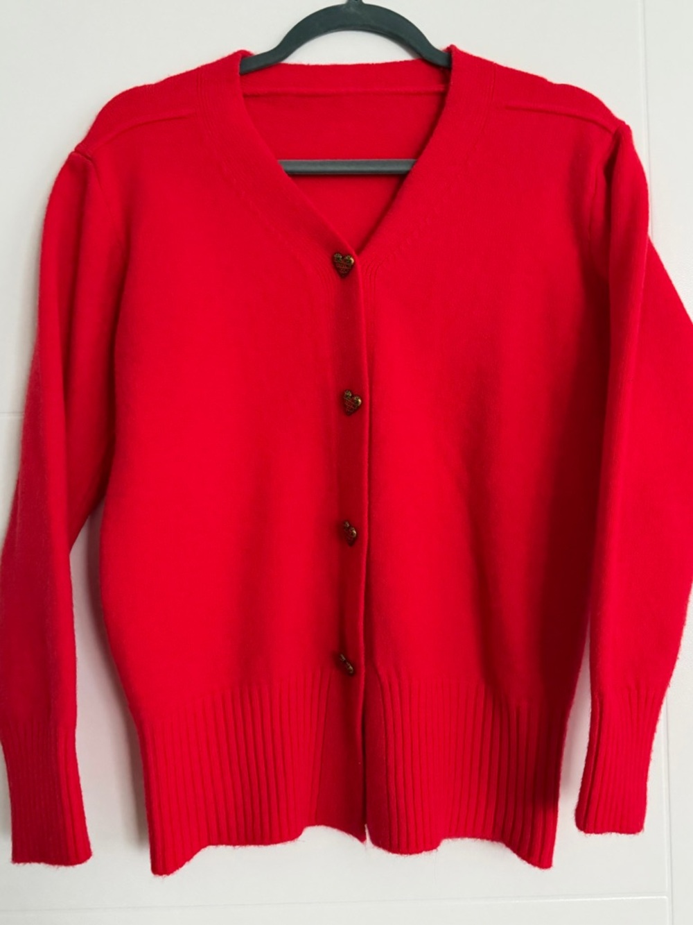 Vintage Red Heart Button Up V Neck Sweater Cardigan Women Size M